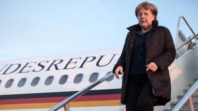 German Chancellor Angela Merkel disembarks from the plane upon her arrival in Washington DC, USA, 08 February 2015.