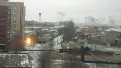 Still from amateur footage shows shelling in Kramatorsk, Ukraine, on 10 February 2015