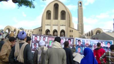 Relatives of Egyptian Coptic Christians held in Libya stage a protest in Cairo calling for Egypt's president to work on their release