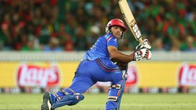 Najibullah Zadran of Afghanistan bats against Bangladesh