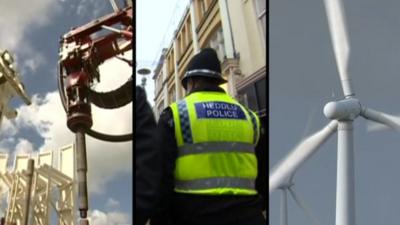 Devolving powers - fracking, police, and wind turbine images