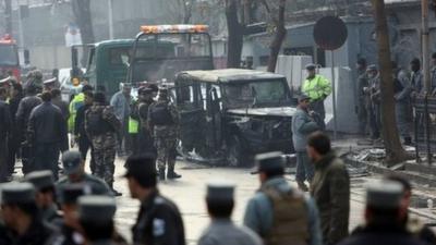 Police at the scene of the blast in Kabul