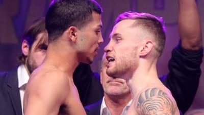 Challenger Chris Avalos and champion Carl Frampton at the weigh-in