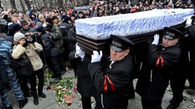 The coffin of Boris Nemtsov is carried from a memorial service in Moscow