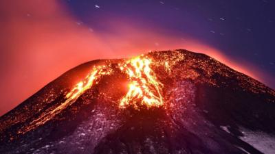 A general view of the volcano Villarrica erupting near Villarrica, some 750 kilometers south of Santiago de Chile, in Chile