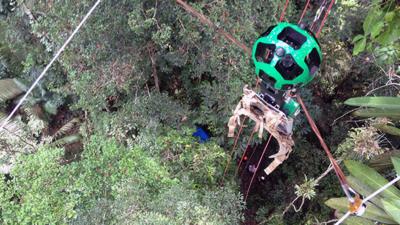 Google's Street View (Trekker) camera on a zip wire in the Amazon rainforest