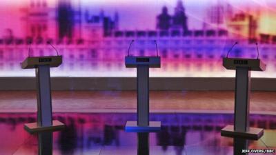 File image of empty podiums with BBC logo before televised election debate in 2010.