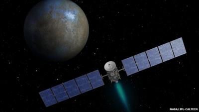 Artist's drawing of Nasa spacecraft Dawn approaching dwarf planet Ceres