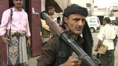 Tribal armed men loyal to President Abdrabbuh Mansour Hadi in Aden