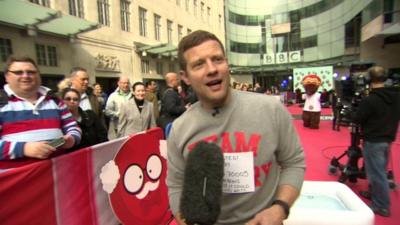 BBC presenter Dermot O'Leary being interviewed during his Comic Relief dance-a-thon