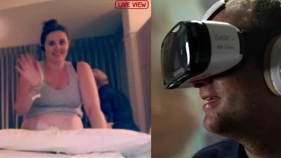 A composite image of Alison Larke (R) and Jason Larke (L). Jason was 4,000km away and watched the birth of his child via virtual reality