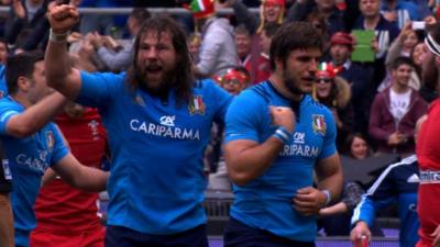 Italy celebrate Giovanbattista Venditti's try against Wales in Rome