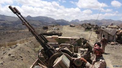 Southern Peoples Resistance militants loyal to Yemens President Abd-Rabbu Mansour Hadi man an anti-aircraft machine gun the militia seized from the army in al-Habilin of Yemens southern province of Lahej