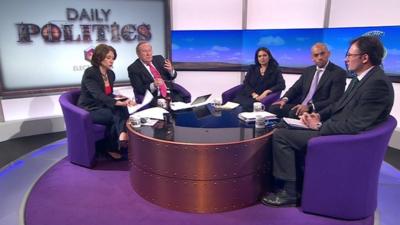 Jo Coburn, Andrew Neil. Priti Patel, Chuka Umunna and James Landale