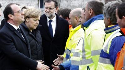 French President Francois Hollande, left, German Chancellor Angela Merkel, second left, and Spanish Prime Minister Mariano Rajoy