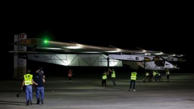 The Solar Impulse 2 is seen before take-off at Mandalay international airport