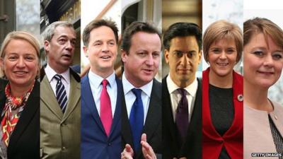 Natalie Bennett, Nigel Farage, Nick Clegg, David Cameron, Ed Miliband, Nicola Sturgeon, Leanne Wood