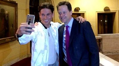 The Liberal Democrat leader Nick Clegg takes a selfie with Joey Essex from ITV"s The Only Way Is Essex.