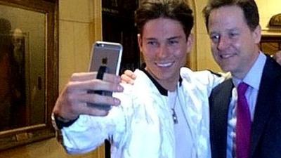 The Liberal Democrat leader Nick Clegg takes a selfie with Joey Essex from ITV"s The Only Way Is Essex.