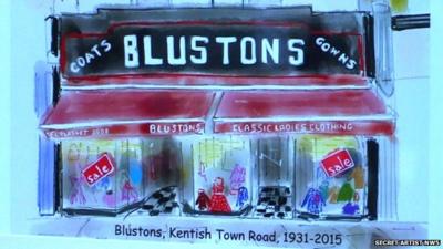 Painting of Blustons clothes shop facade