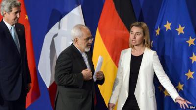 US Secretary of State John Kerry, Iranian FM Mohammad Javad Zarif and EU foreign policy chief Federica Mogherini arriving for news conference after Iran nuclear talks in Lausanne