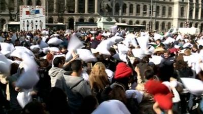 Pillow fight in Bucharest