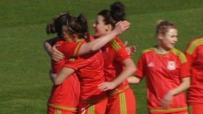 Wales celebrate Helen Ward's goal against Slovakia