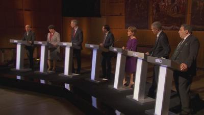 Patrick Harvie, Ruth Davidson, Jim Murphy, BBC Scotland's James Cook, Nicola Sturgeon, Willie Rennie and David Coburn