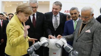 Angela Merkel and Narendra Modi at industrial fair in Hanover