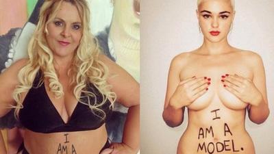 #Droptheplus campaigners with message written on stomach