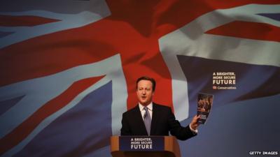 David Cameron holding up copy of Conservative manifesto at launch