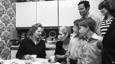 Archive photo showing Margaret Thatcher, after she handed over a copy of the deeds of 39 Amersham Road, Harold Hill to the GLC's 12,000th council house buyers