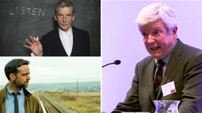 Lord Tony Hall and stills from Doctor Who and Hinterland