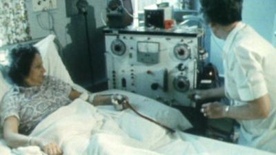 A kidney dialysis patient in an NHS ward in 1982