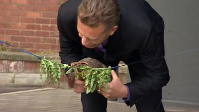 Chris Packham with a tortoise