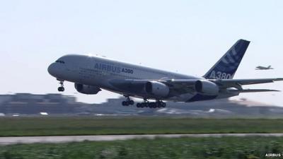 An Airbus A380 taking off on its first test flight
