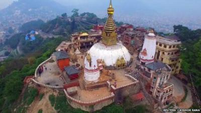 aerial image of damaged temple