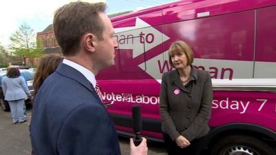 Adam Fleming with Harriet Harman and Labour's pink bus