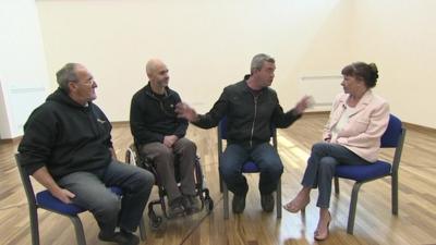 Giles Dilnot spoke to wheelchair basketball players, Ruth Jeffcoate, Sheraton Shaw and Ray McBride