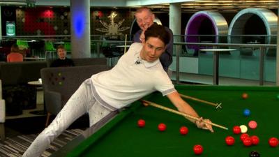 Steve Davis teaches Joey Essex how to play snooker