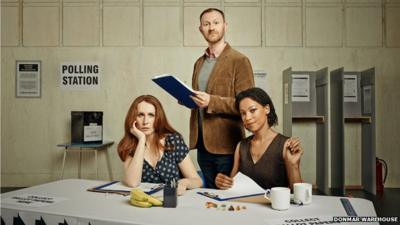 Catherine Tate, Mark Gatiss and Nina Sosanya in Donmar Warehouse image for production of "The Vote"