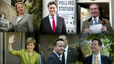 Party leaders voting: Top row Natalie Bennett, Ed Miliband, Nigel Farage, Bottom row: Nicola Sturgeon, David Cameron, Nick Clegg