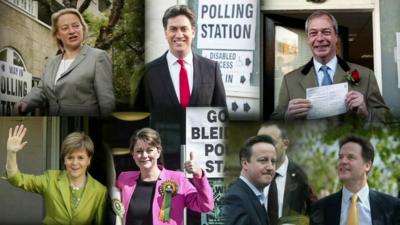 Party leaders voting: Top row Natalie Bennett, Ed Miliband, Nigel Farage, Bottom row: Nicola Sturgeon, Leanne Wood, David Cameron, Nick Clegg