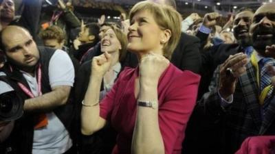 SNP Leader Nicola Sturgeon celebrates victory at the Glasgow count