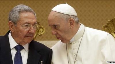 Cuban President Raul Castro with Pope Francis during a private audience at the Vatican, 10 May