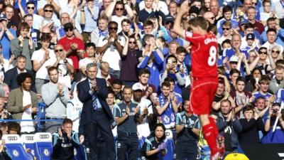 Jose Mourinho applauds Steven Gerrard off the pitch at Stamford Bridge