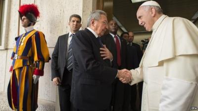 Pope Francis meets Cuban President Raul Castro during a private audience at the Vatican