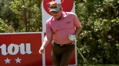 Miguel Angel Jimenez dances in celebration after getting a hole-in-one