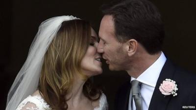 British singer and former member of the band Spice Girls, Geri Halliwell, and her husband, Christian Horner, Red Bull Formula One team principal, kiss following their wedding in Woburn