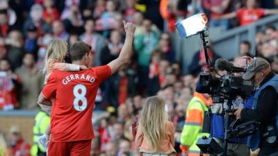 Liverpool captain Steven Gerrard acknowledges the Anfield crowd after his final appearance at the stadium